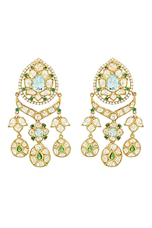 Gold Plated Moissanite Polki & Natural Blue Topaz Chandbaali Earrings In Sterling Silver