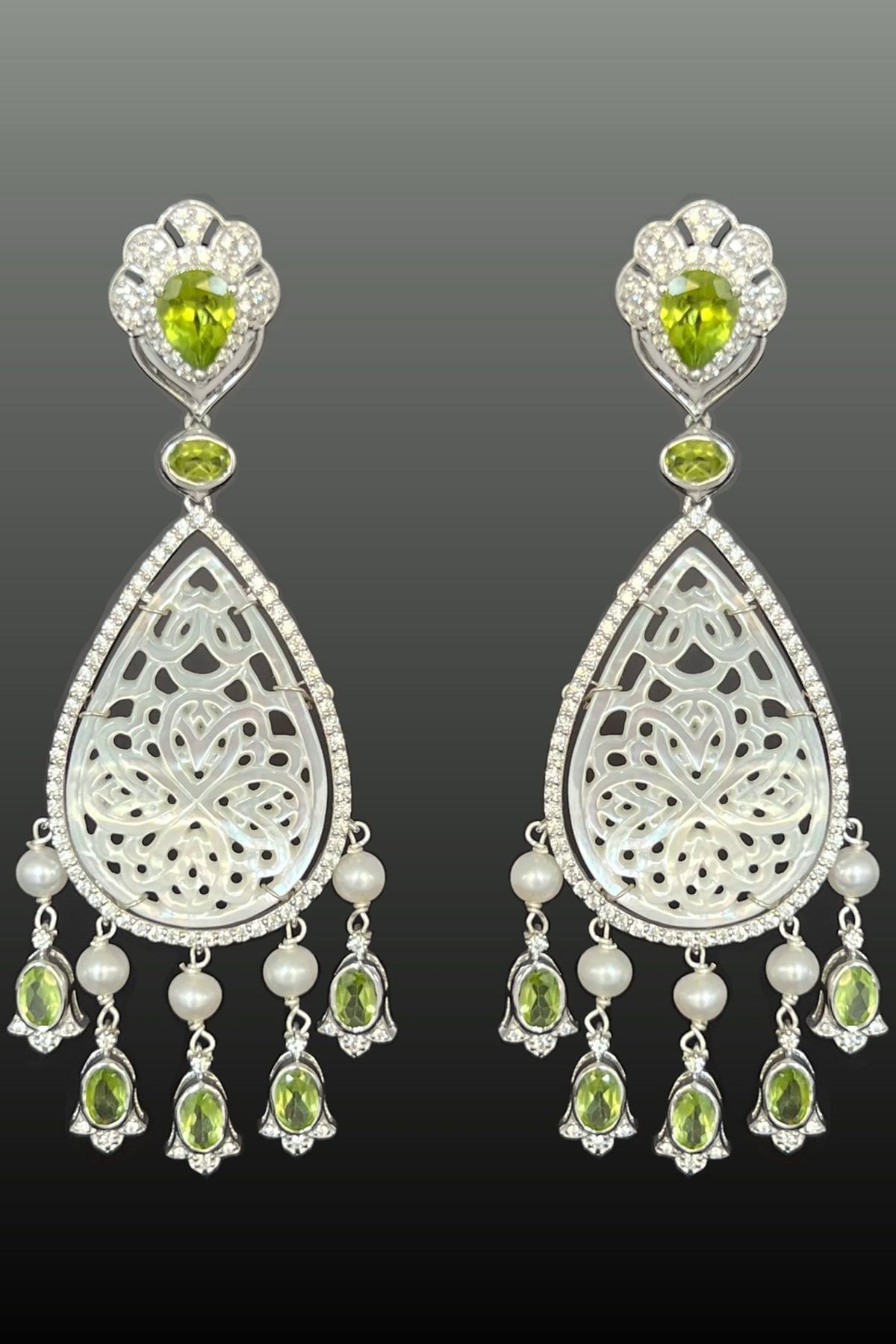 White Rhodium Finish Peridot & Mother Of Pearl Dangler Earrings In Sterling Silver