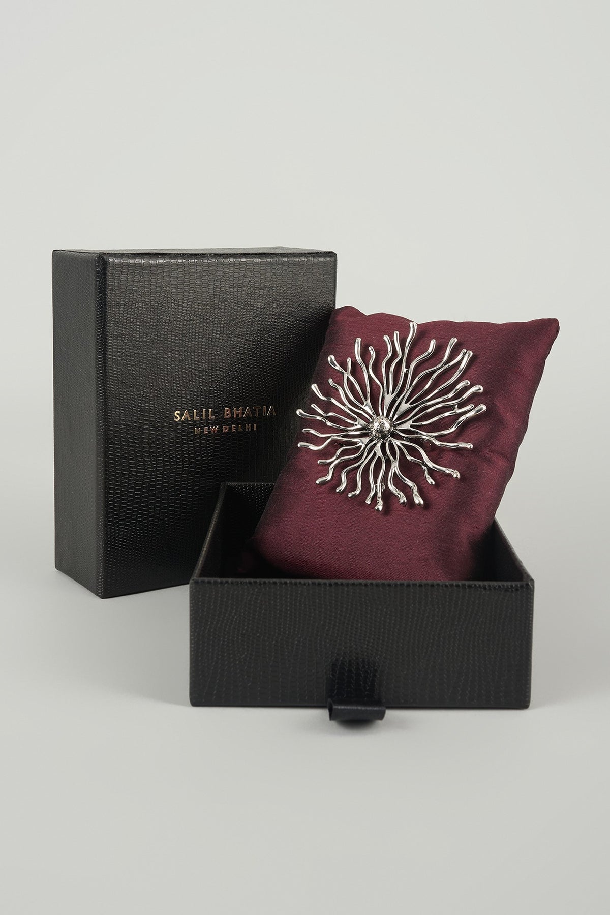 Silver Finish Embellished Floral Burst Brooch