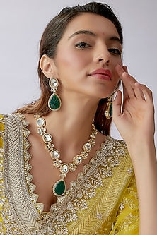 Gold Finish Kundan & Emerald Long Necklace Set