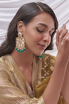 Gold Finish Green Stone Temple Chandbali Earrings