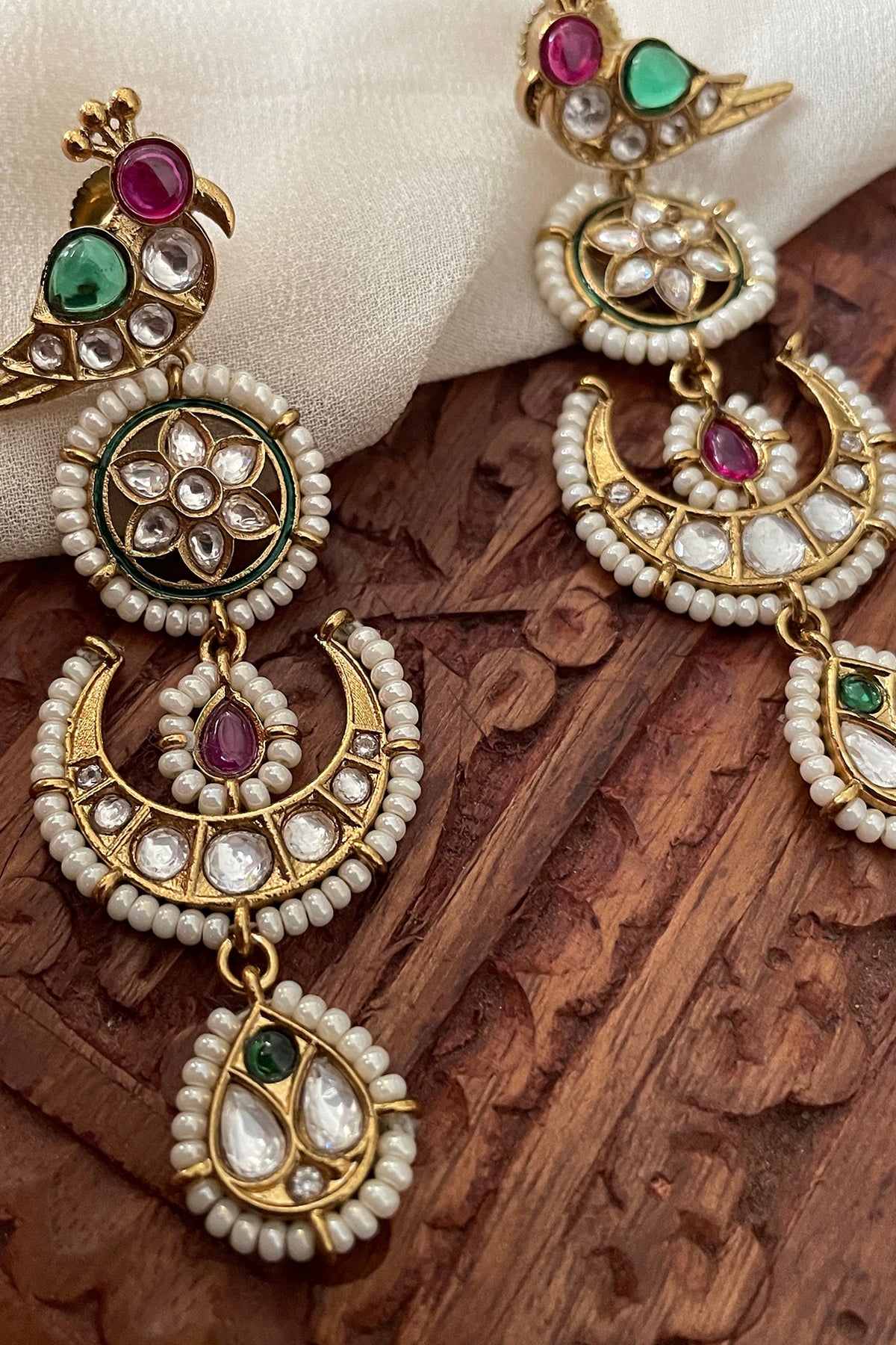 Gold Finish Bird Motif & Moissanite Polki Dangler Earrings
