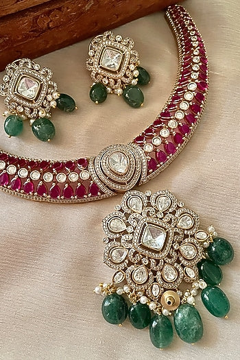 Gold Finish Red Kundan Polki Choker Necklace Set