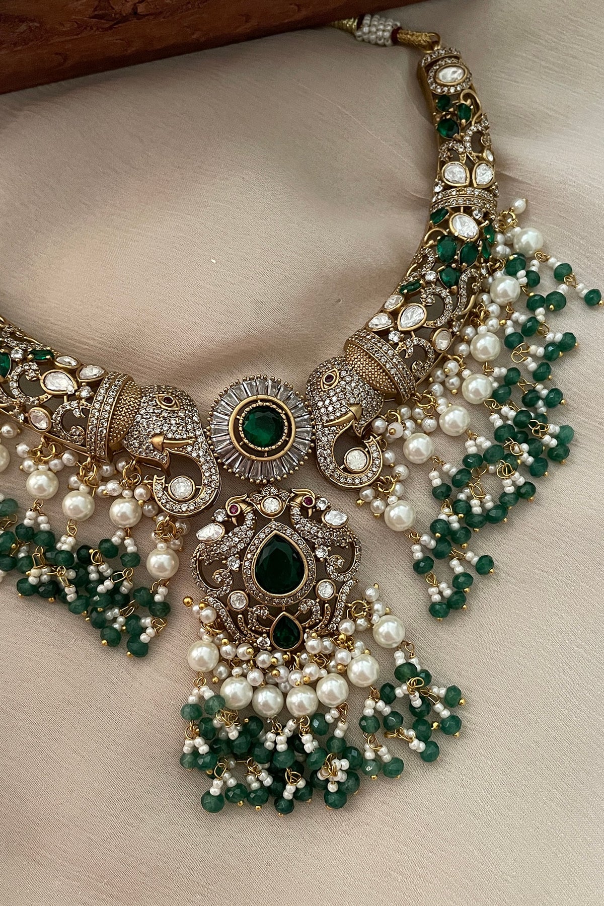 Gold Finish Kundan Polki & Emerald Stone Choker Necklace Set