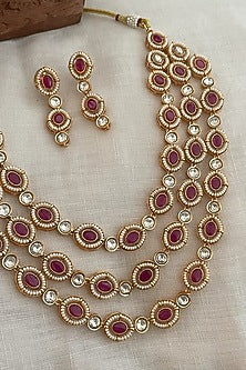Gold Finish Kundan Polki & Ruby Layered Necklace Set