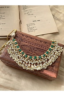 Gold Finish Pearl & Emerald Stone Necklace