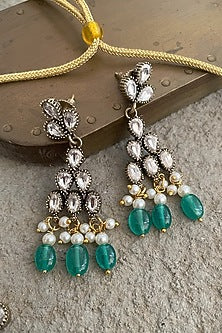 Black Rhodium Finish Kundan Polki & Emerald Stone Necklace Set