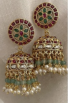 Gold Finish Kundan Polki Temple Jhumka Earrings