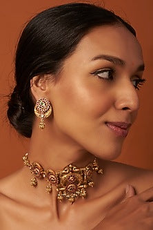 Gold Finish Ruby Temple Necklace Set