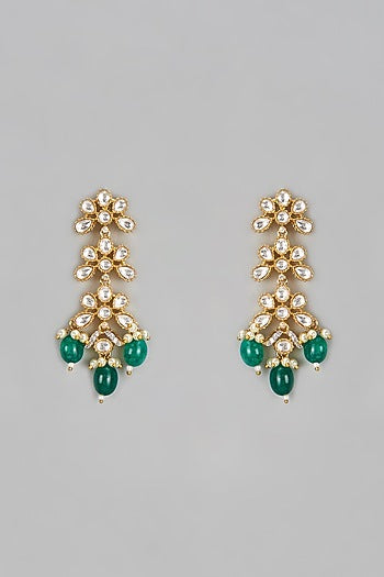 Gold Finish Kundan Polki & Emerald Dangler Earrings