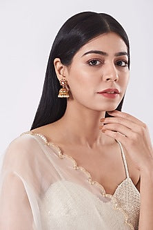 Gold Finish Faux Ruby & Pearl Temple Jhumka Earrings