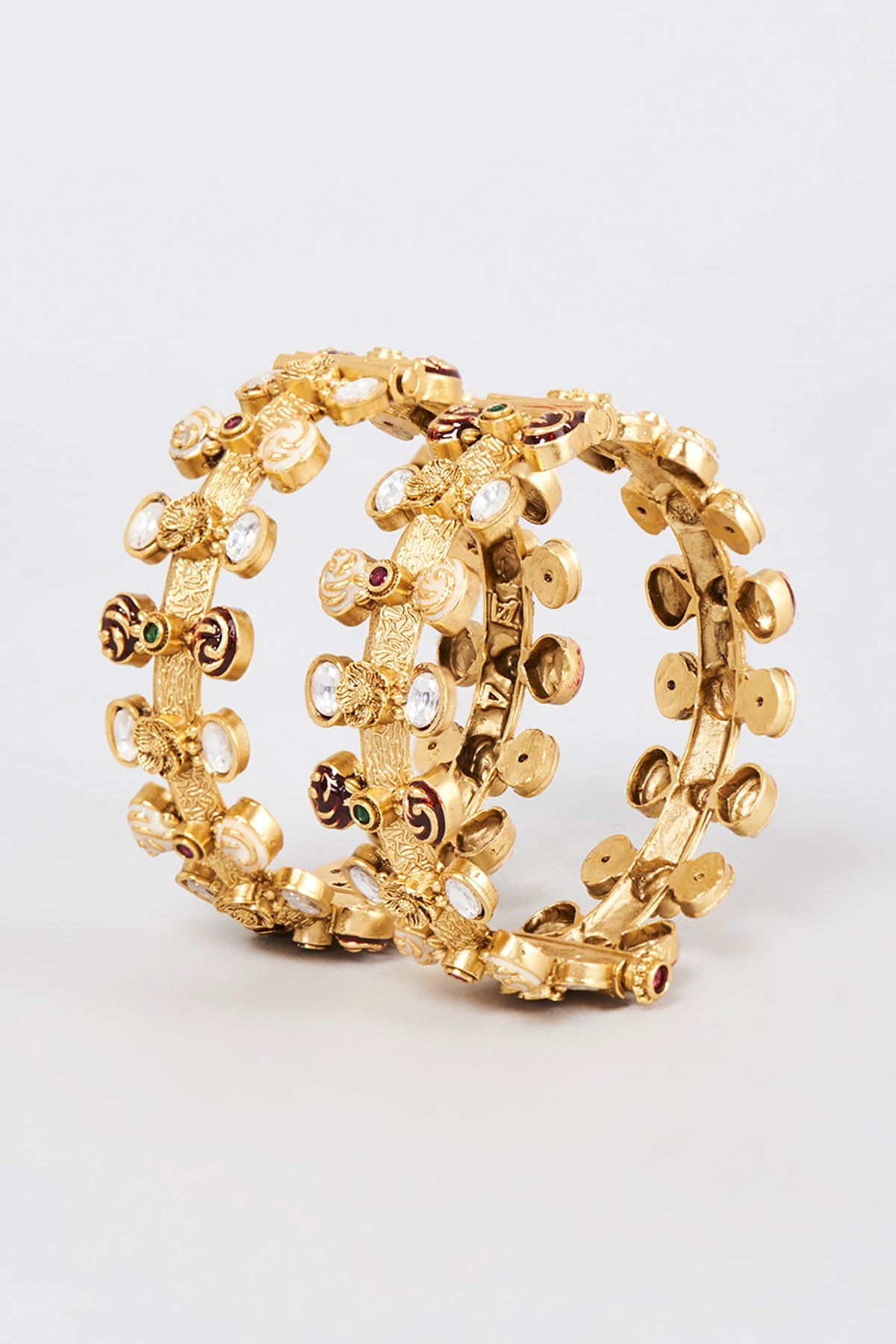 Gold Finish Multi-Colored Kundan Polki Bangles (Set Of 2)