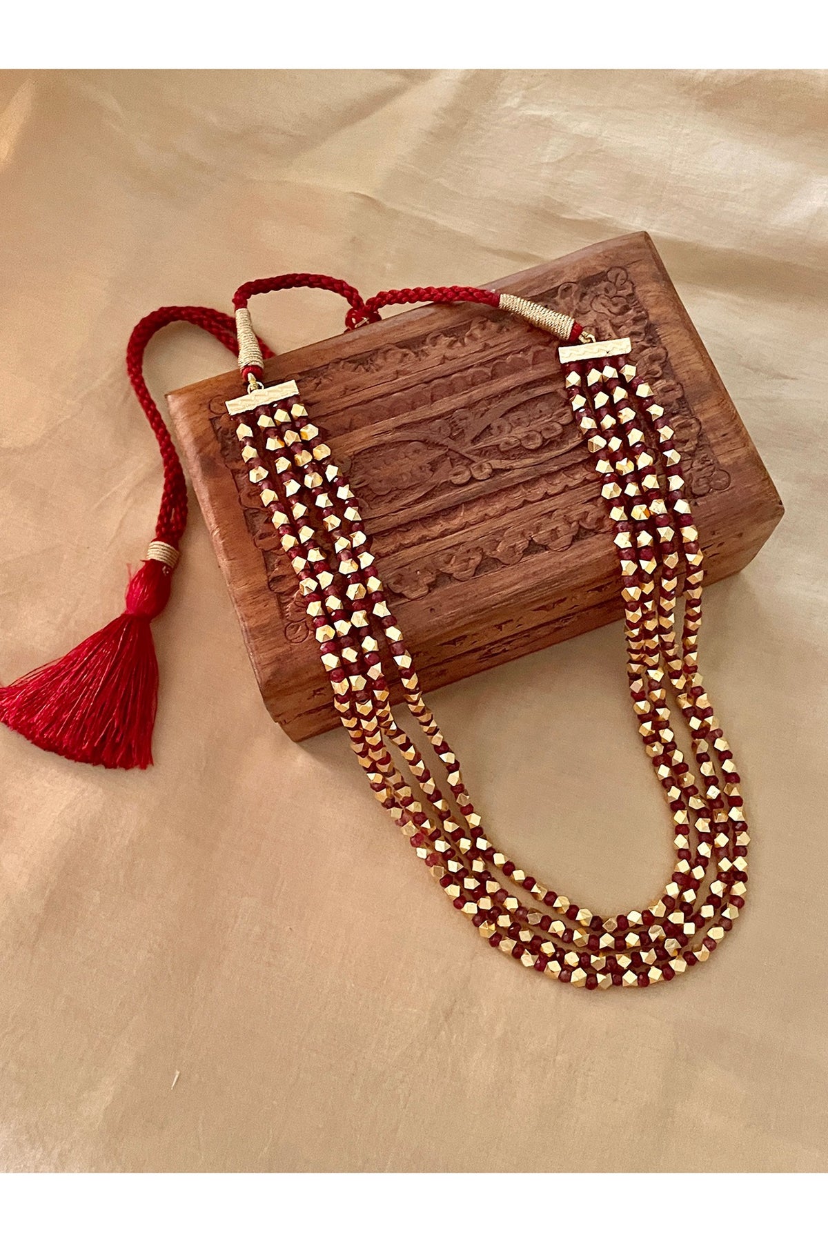 Gold Finish Red Beaded Long Necklace