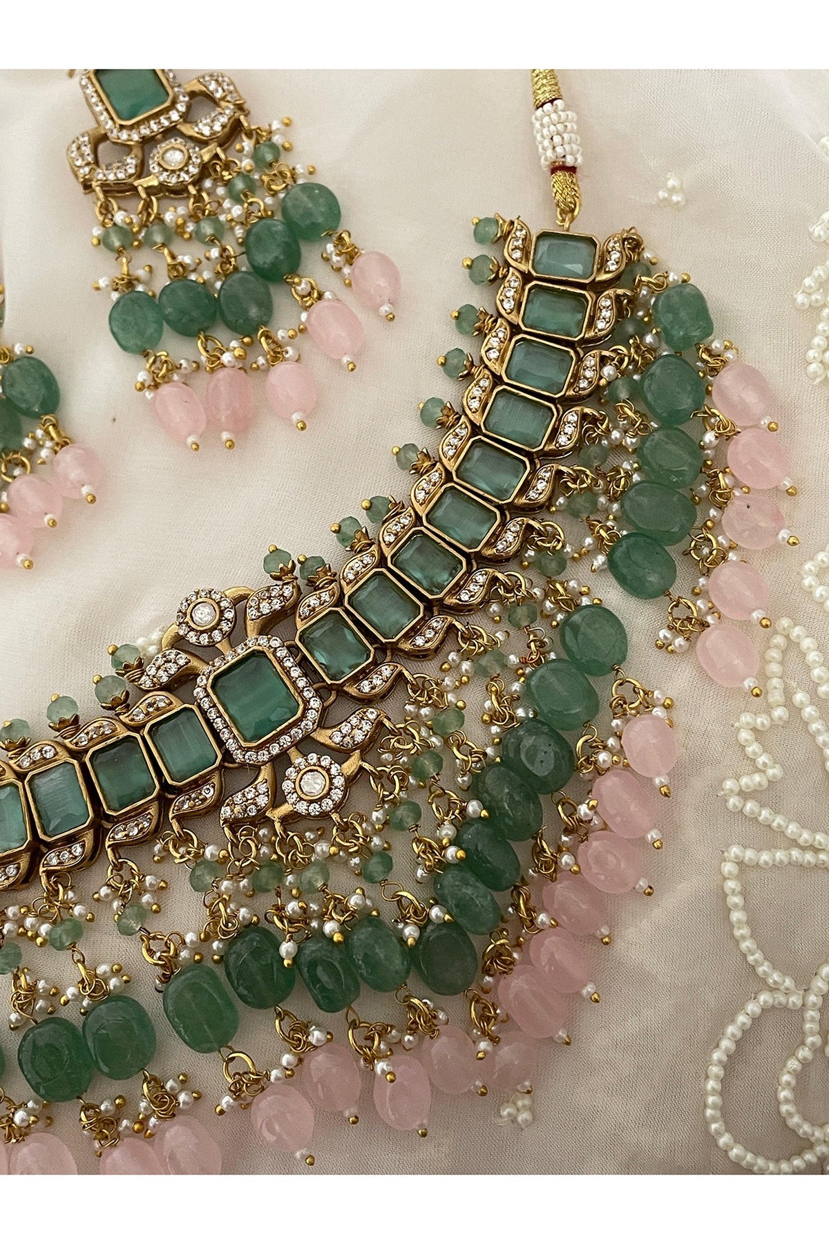 Gold Finish Kundan Polki & Blush Pink Beaded Choker Necklace Set