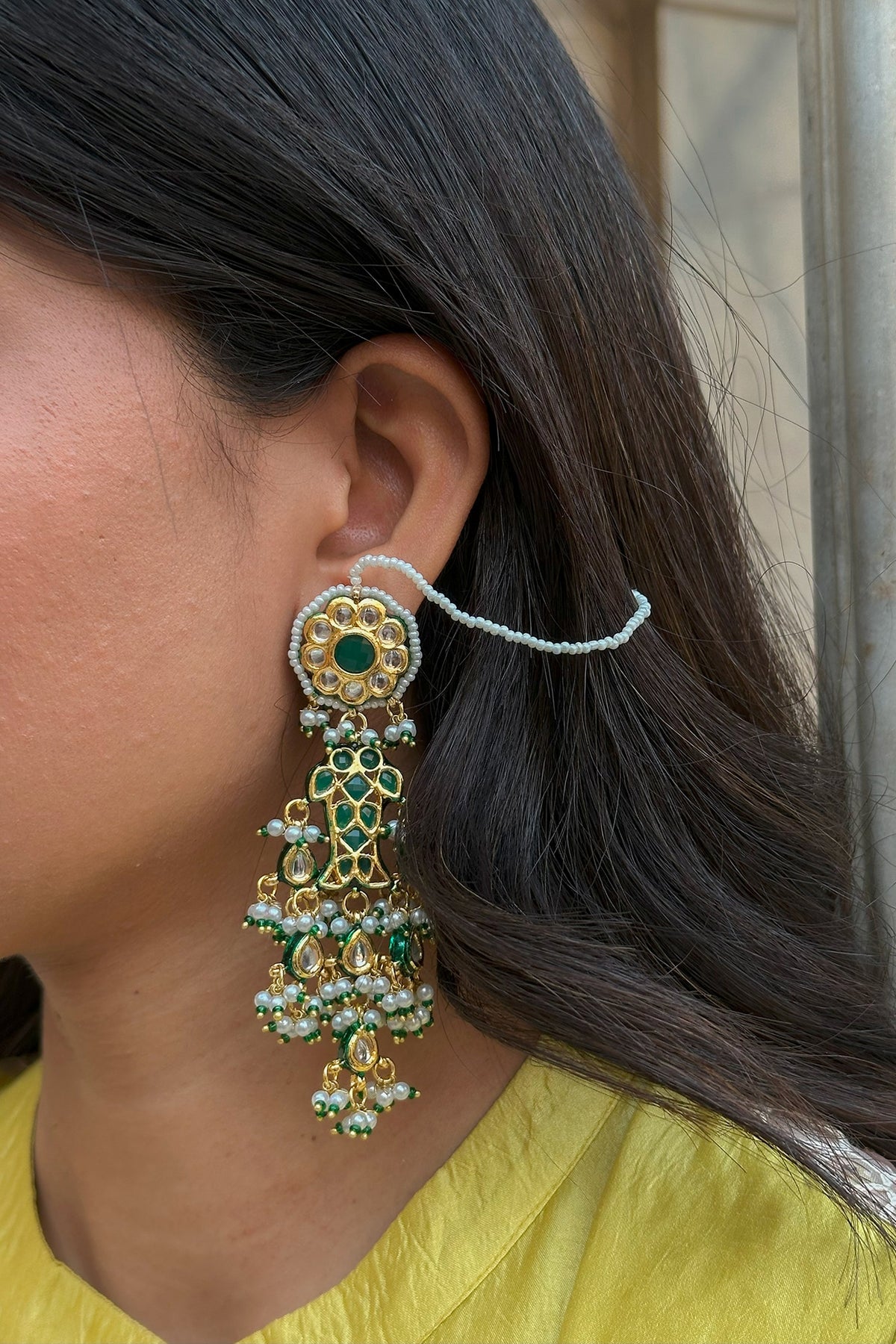 Gold Finish Kundan Polki & Green Beaded Chandbali Earrings