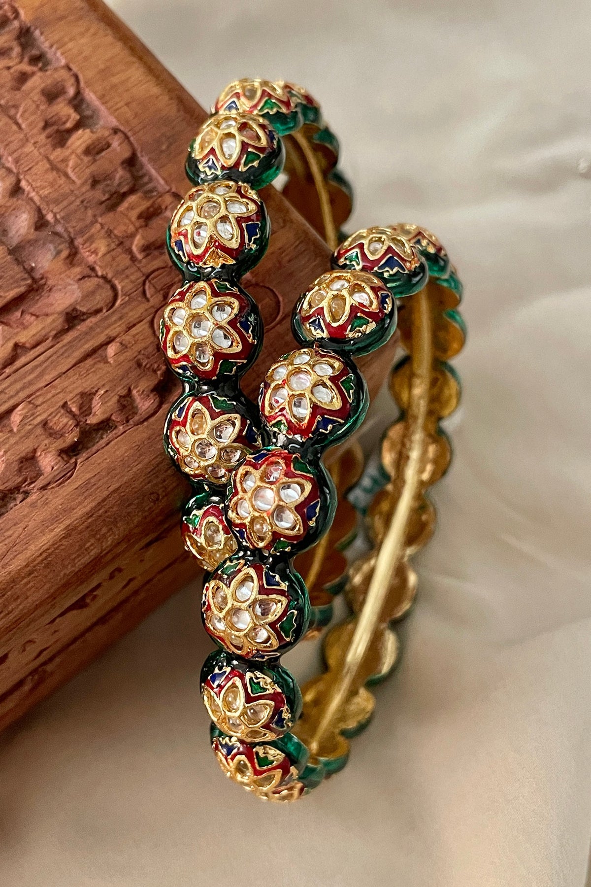 Gold Finish Kundan Polki Meenakari Bangles (Set Of 2)