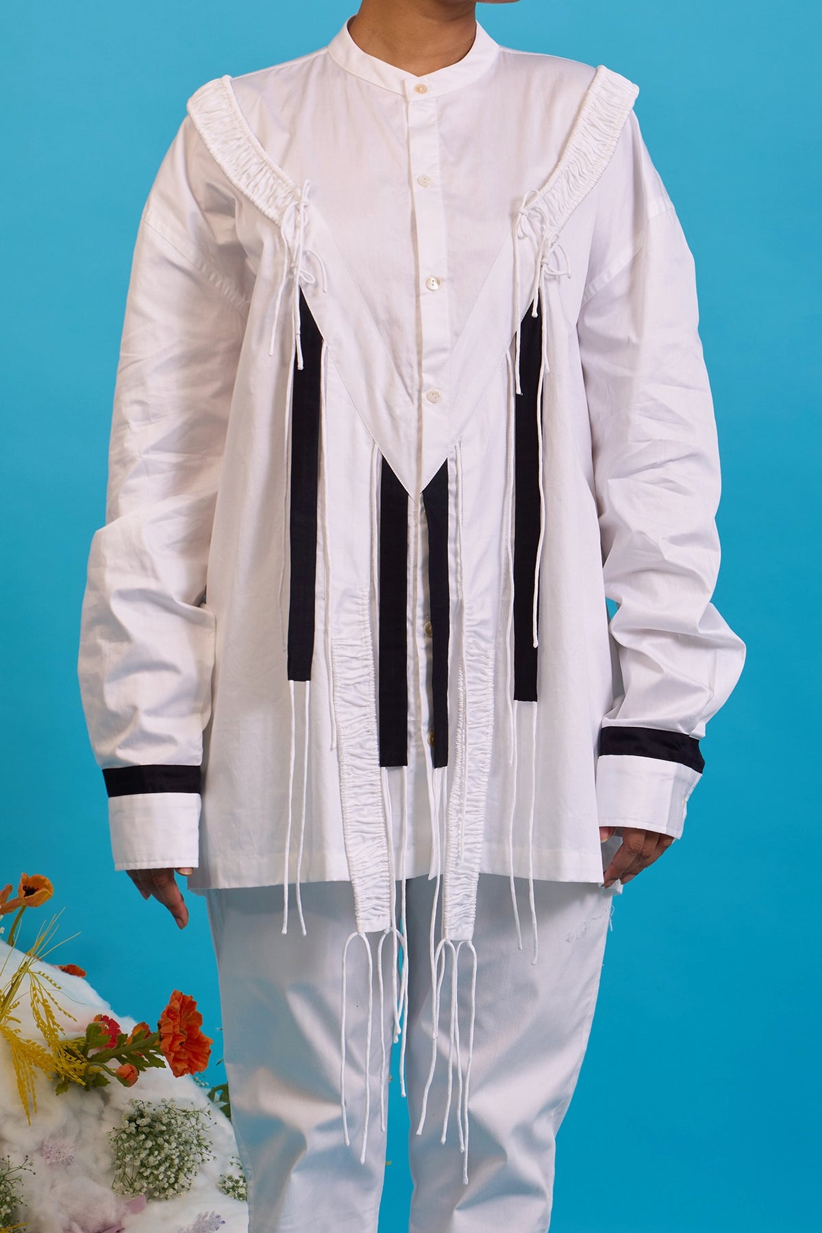 White Giza Cotton Gathered Fringe Shirt