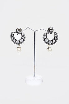 Two-Tone Finish Black Synthetic Stone Enameled Dangler Earrings