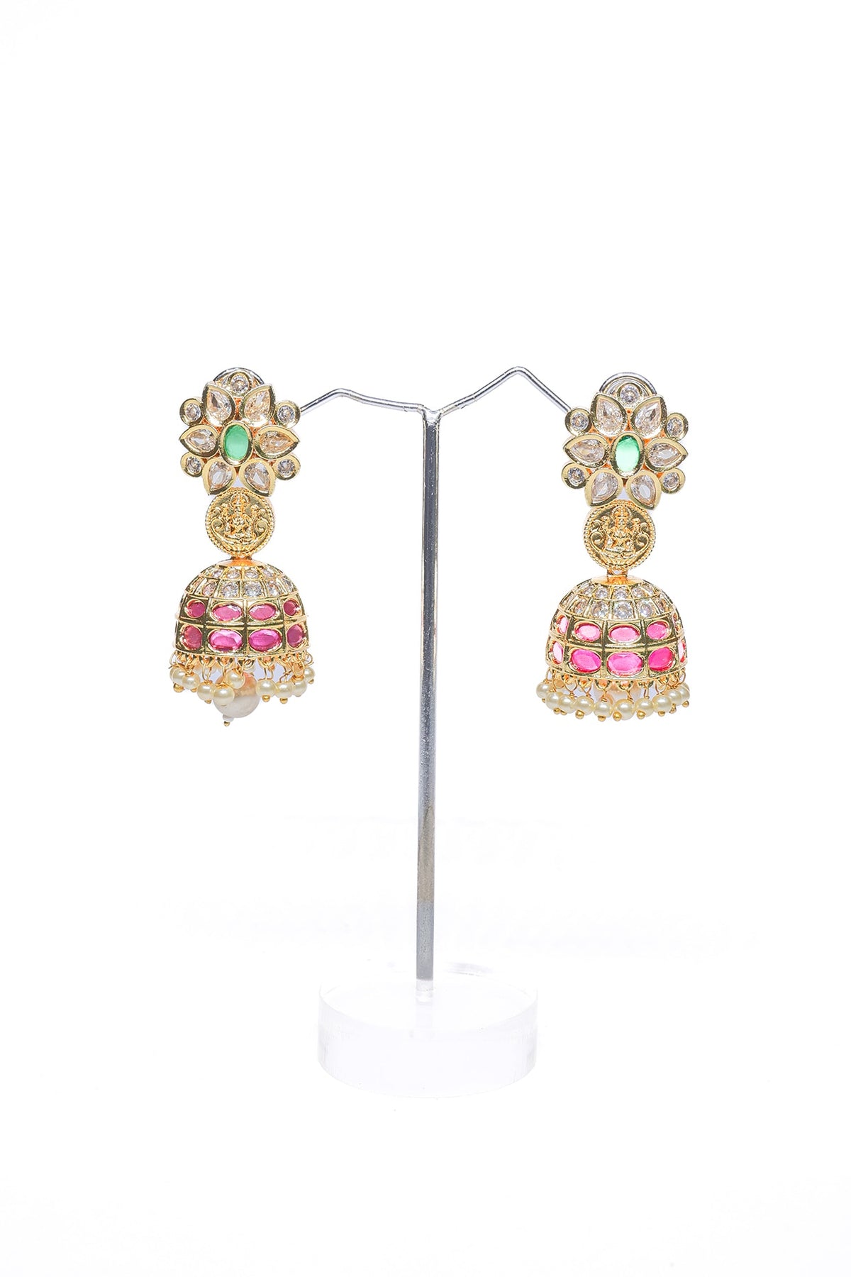 Rose Gold Finish Pink Synthetic Stone Temple Dangler Earrings