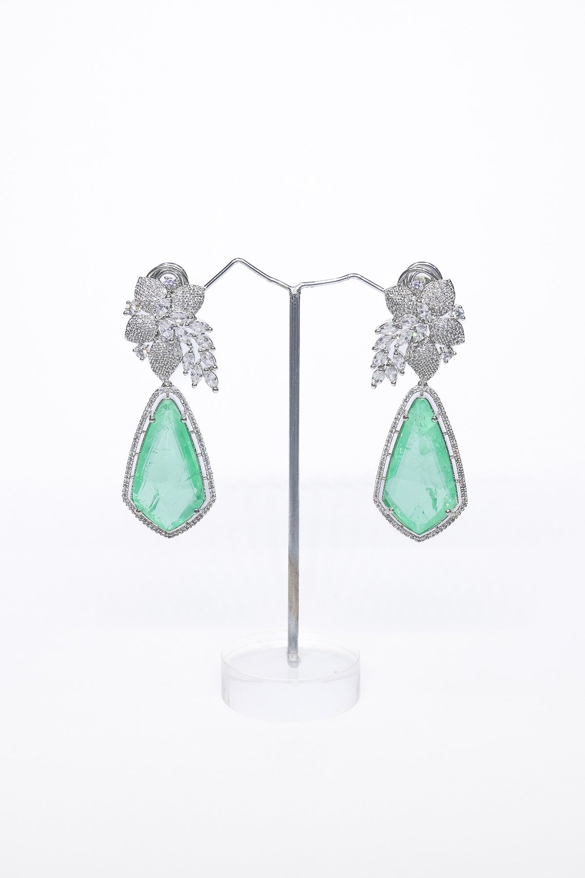 White Finish Green Synthetic Stone Enameled Dangler Earrings