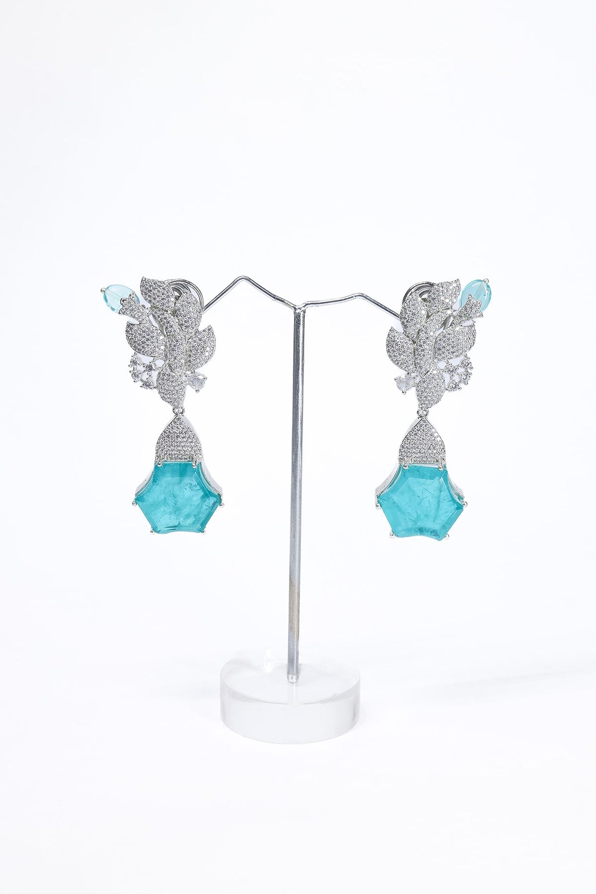 White Finish Blue Synthetic Stone Enameled Dangler Earrings