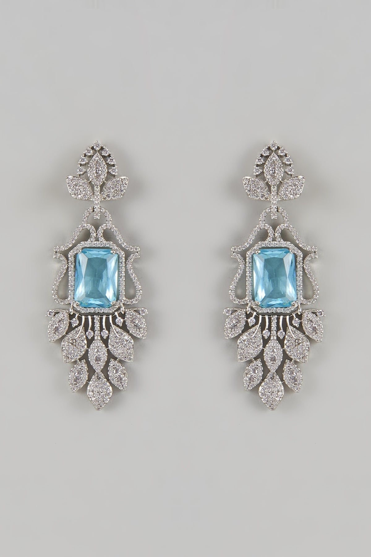 White Finish Faux Diamond & Aquamarine Stone Dangler Earrings