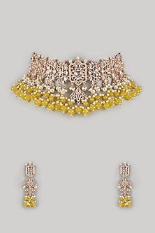 Gold Finish Pearl & Yellow Stone Choker Necklace Set