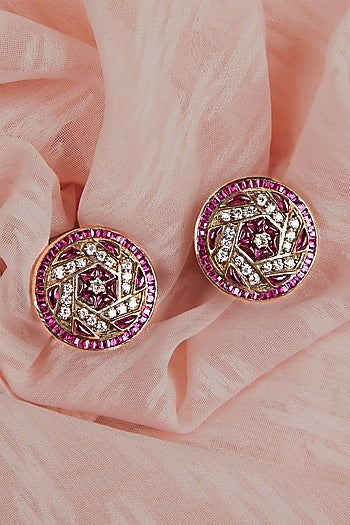 Gold Finish Ruby Stone & Kundan Polki Stud Earrings In Sterling Silver