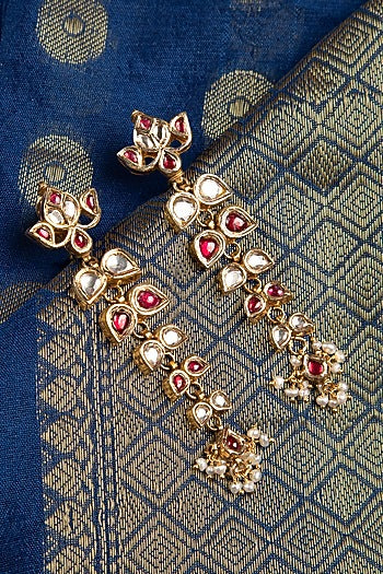 Gold Finish Kundan Polki & Ruby Stone Dangler Earrings In Sterling Silver