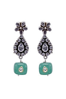 Black Rhodium Finish Kundan & Green Onyx Dangler Earrings
