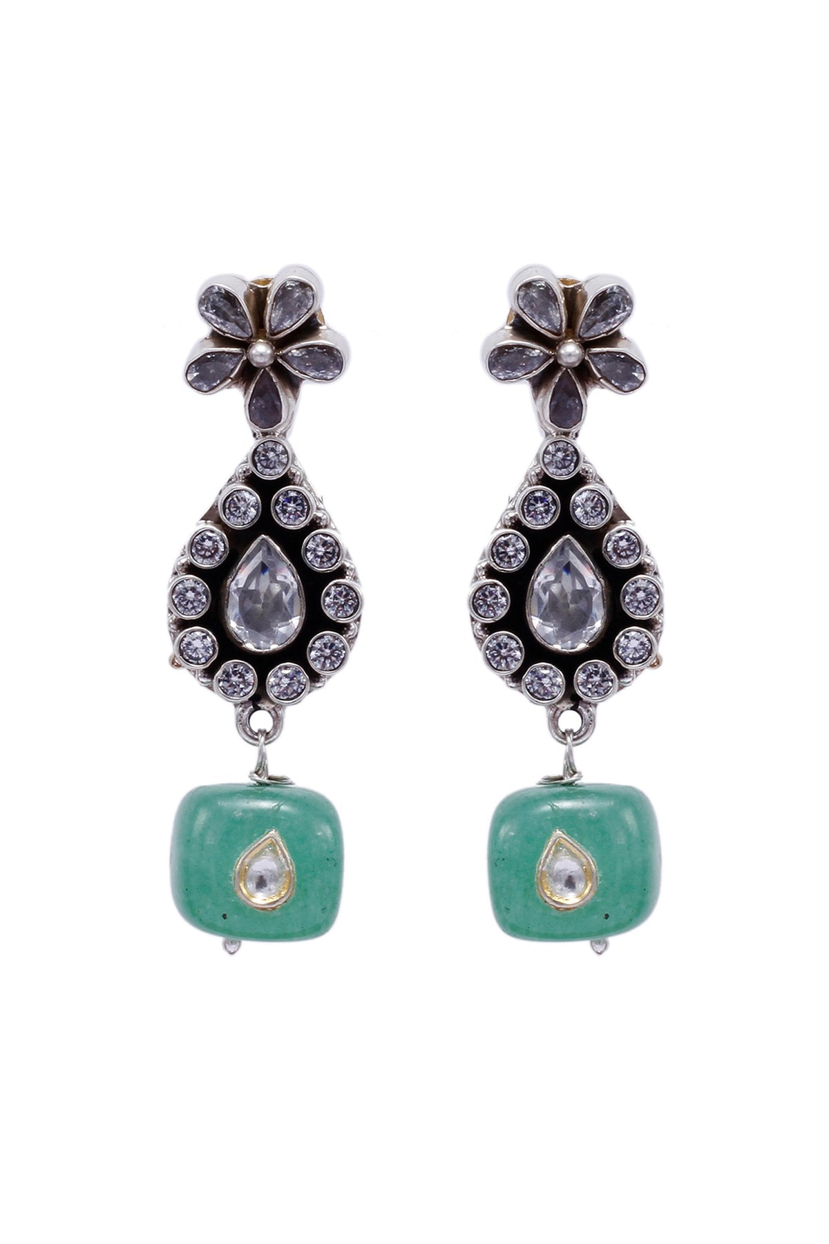 Black Rhodium Finish Kundan & Green Onyx Dangler Earrings