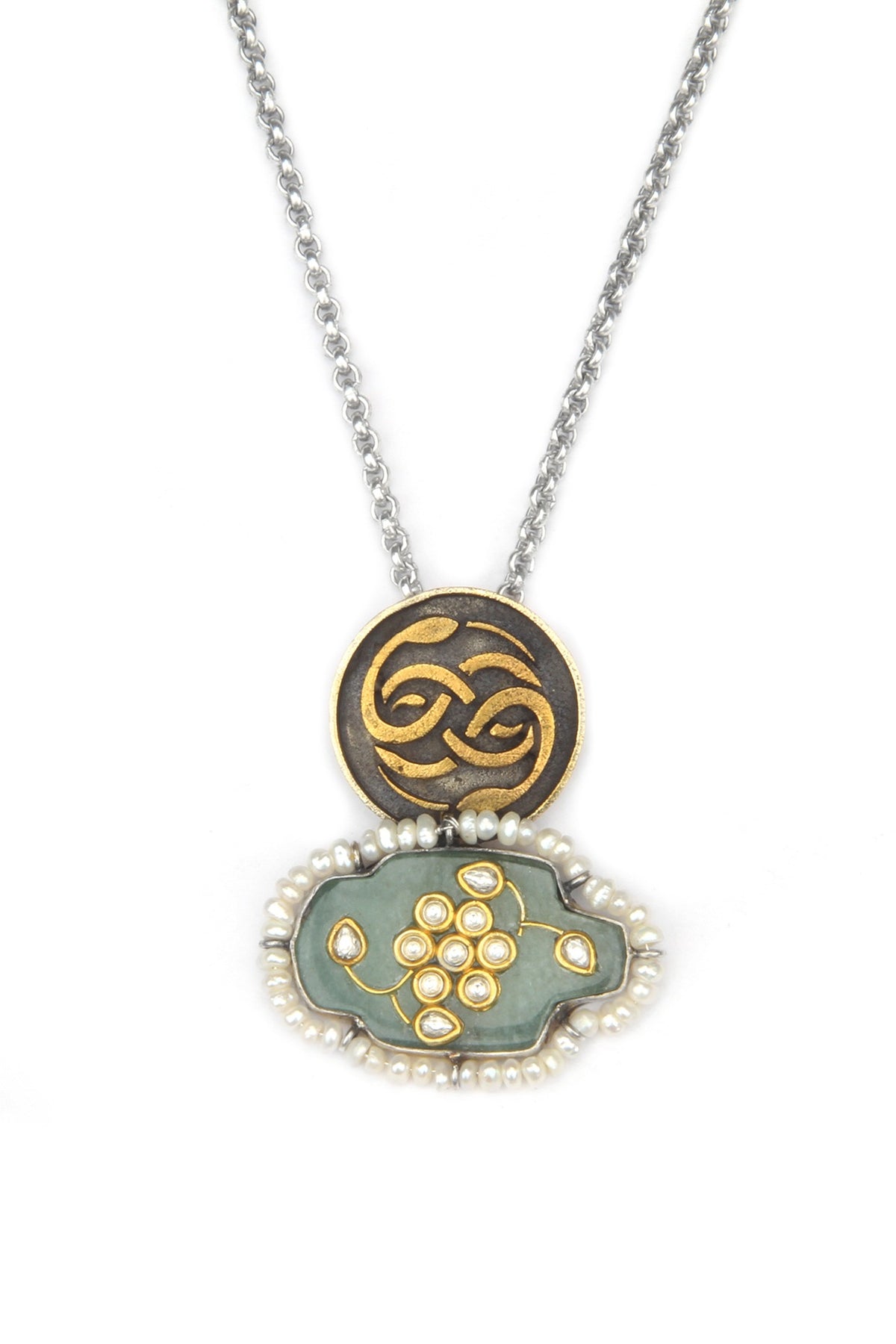 Gold Finish Kundan Polki & Green Onyx Pendant Necklace In Sterling Silver