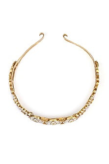 Gold Finish Kundan Polki Handcrafted Hairband In Sterling Silver