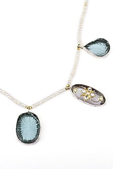 Silver Finish Kundan Polki Handcrafted Long Necklace In Sterling Silver