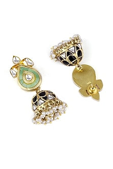 Gold Finish Kundan Polki Handcrafted Jhumka Earrings In Sterling Silver