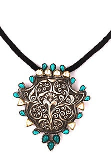 Silver Finish Turquoise Stone Handcrafted Engraved Necklace In Sterling Silver