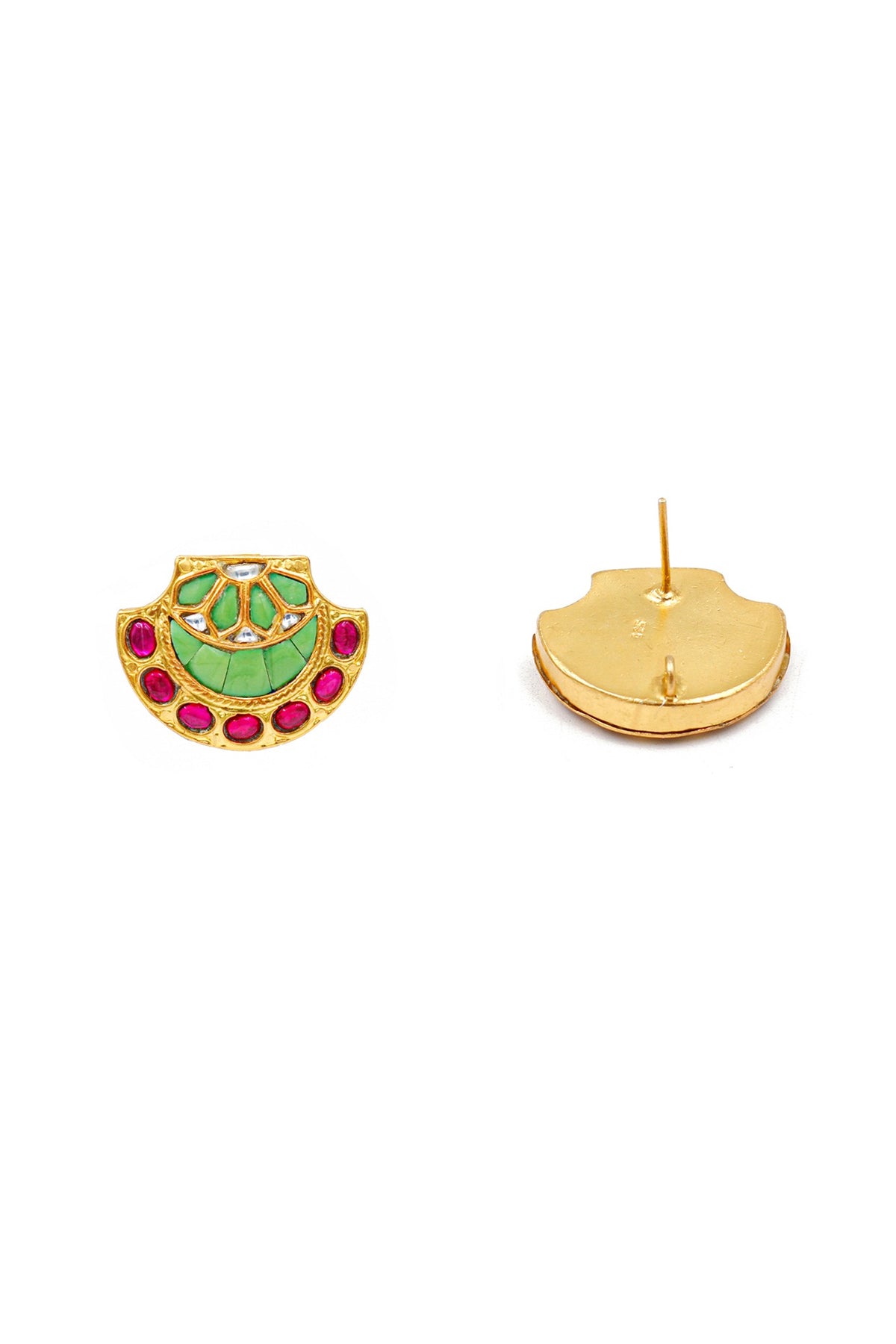 Gold Finish Kundan Polki Stud Earrings In Sterling Silver