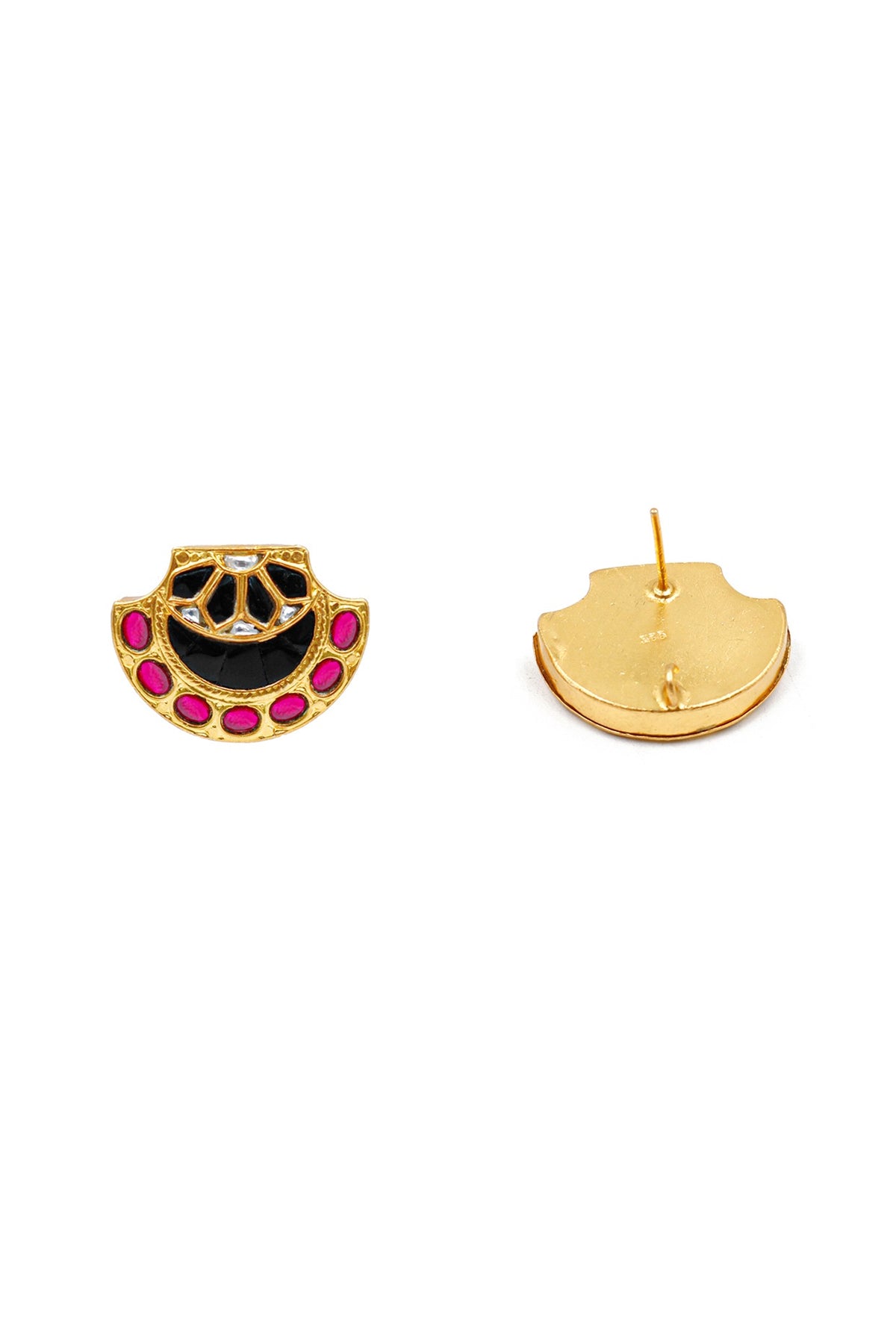 Gold Finish Kundan Polki Stud Earrings In Sterling Silver