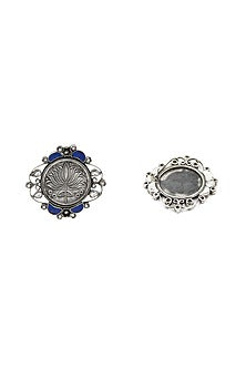Silver Finish Lapis & Kundan Polki Stud Earrings In Sterling Silver