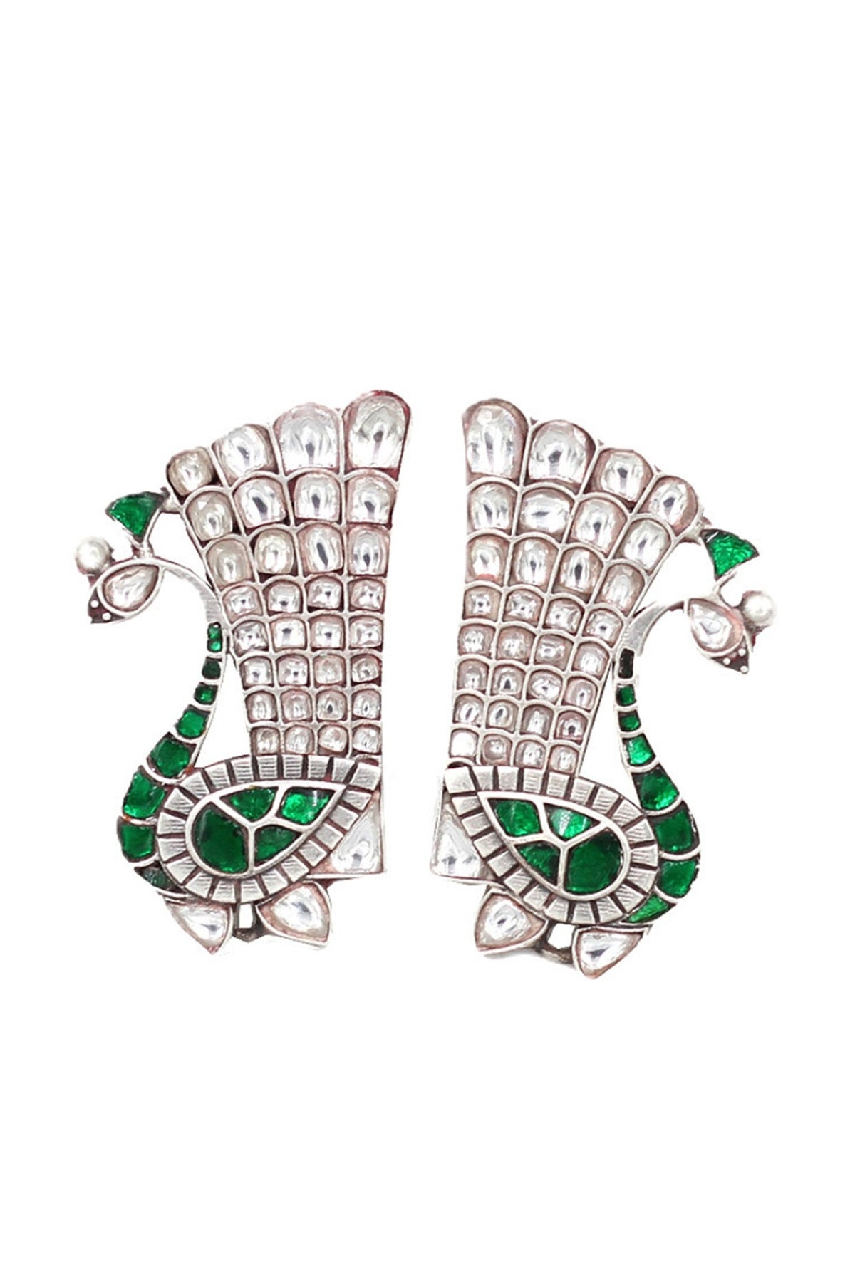 Silver Finish Kundan Stone Peacock Earrings In Sterling Silver