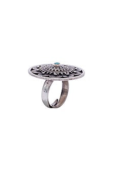 Oxidised Silver Finish Turquoise Stone Floral Ring In Sterling Silver