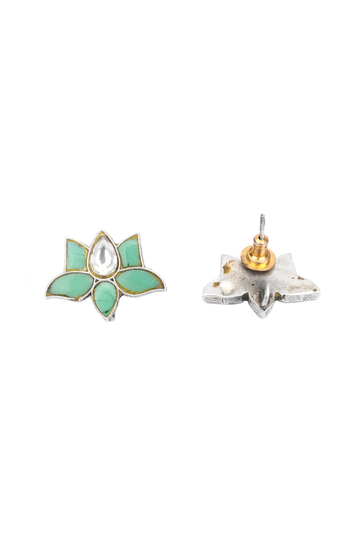 Oxidised Finish Kundan Polki Handcrafted Stud Earrings In Sterling Silver