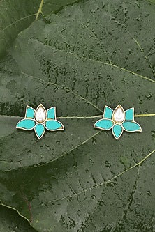 Oxidised Finish Kundan Polki Handcrafted Stud Earrings In Sterling Silver