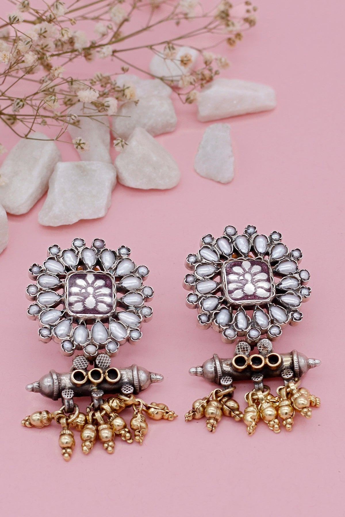 Two Tone Finish Pearl Dangler Earrings