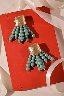 Gold Finish Blue Beaded Dangler Earrings