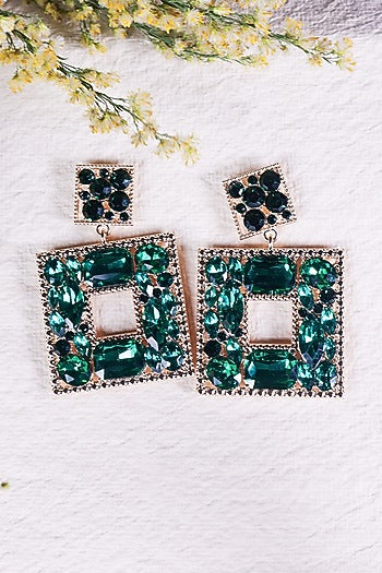 Gold Finish Green Synthetic Stone Dangler Earrings