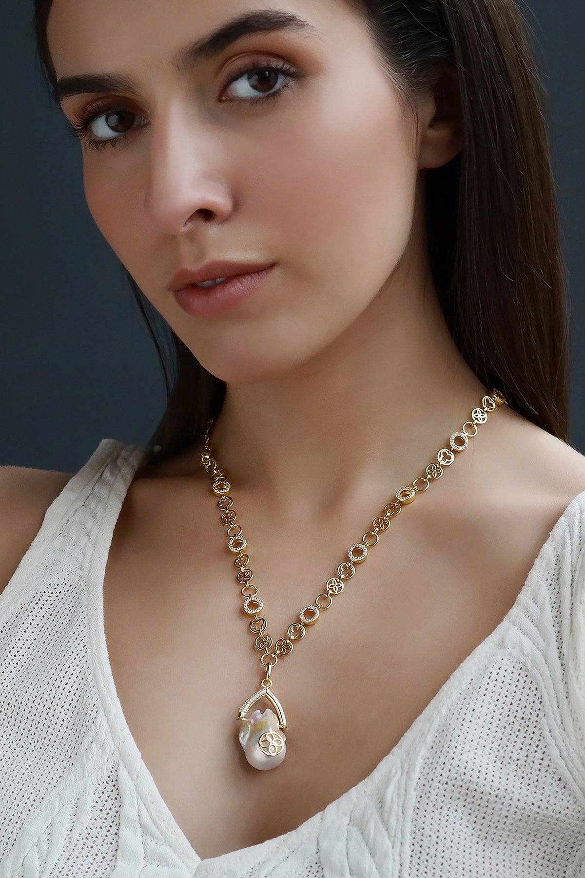 Yellow Gold Plated Zircon & Pearl Necklace