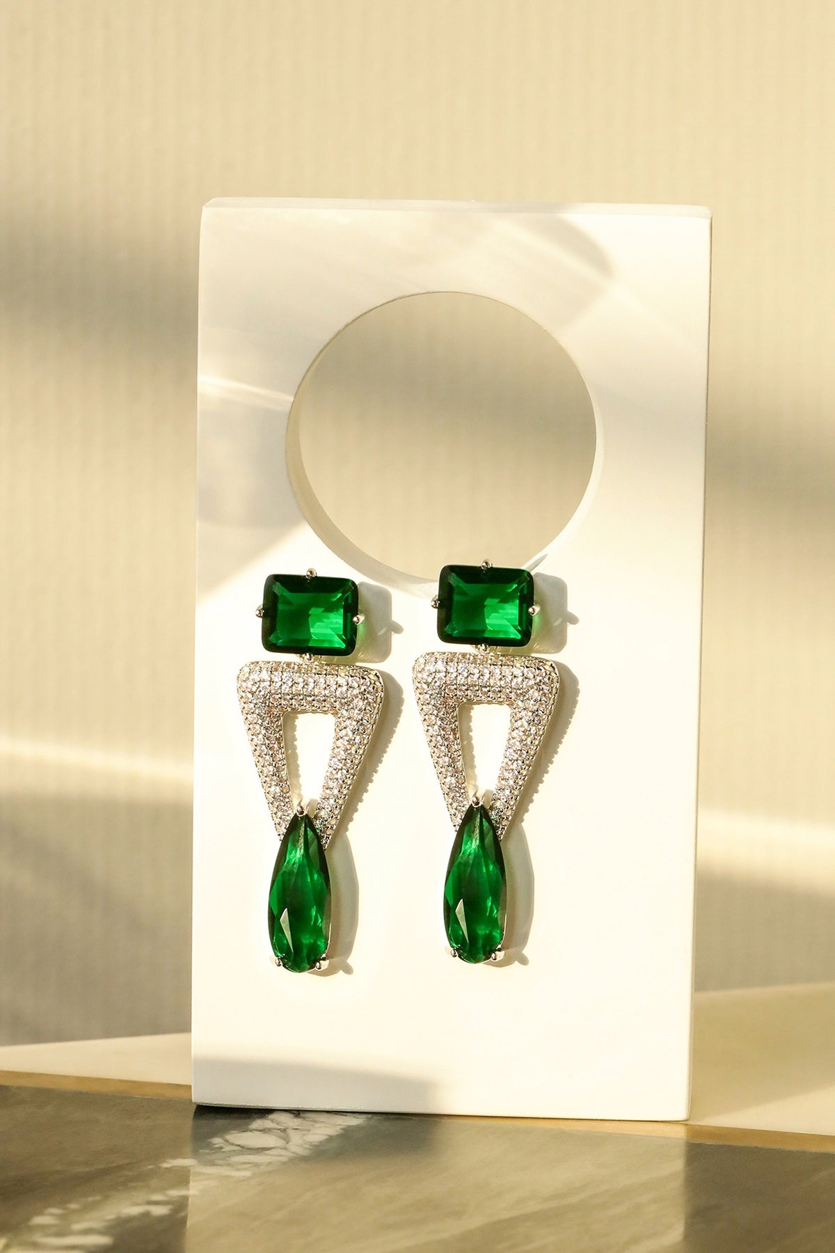 Silver Finish Zircon & Emerald Green Synthetic Stone Dangler Earrings