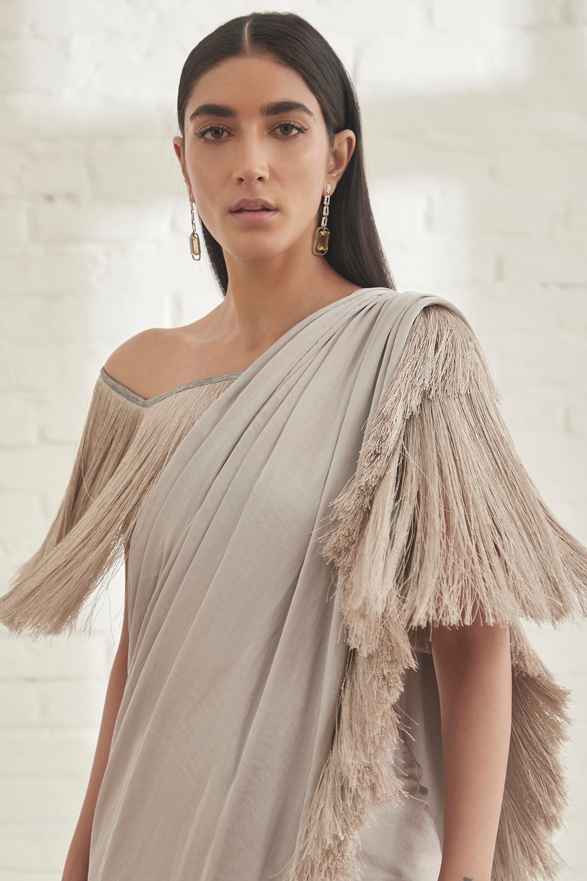 Grey Pre-Pleated Saree With Grey Off-Shoulder Fringe Top