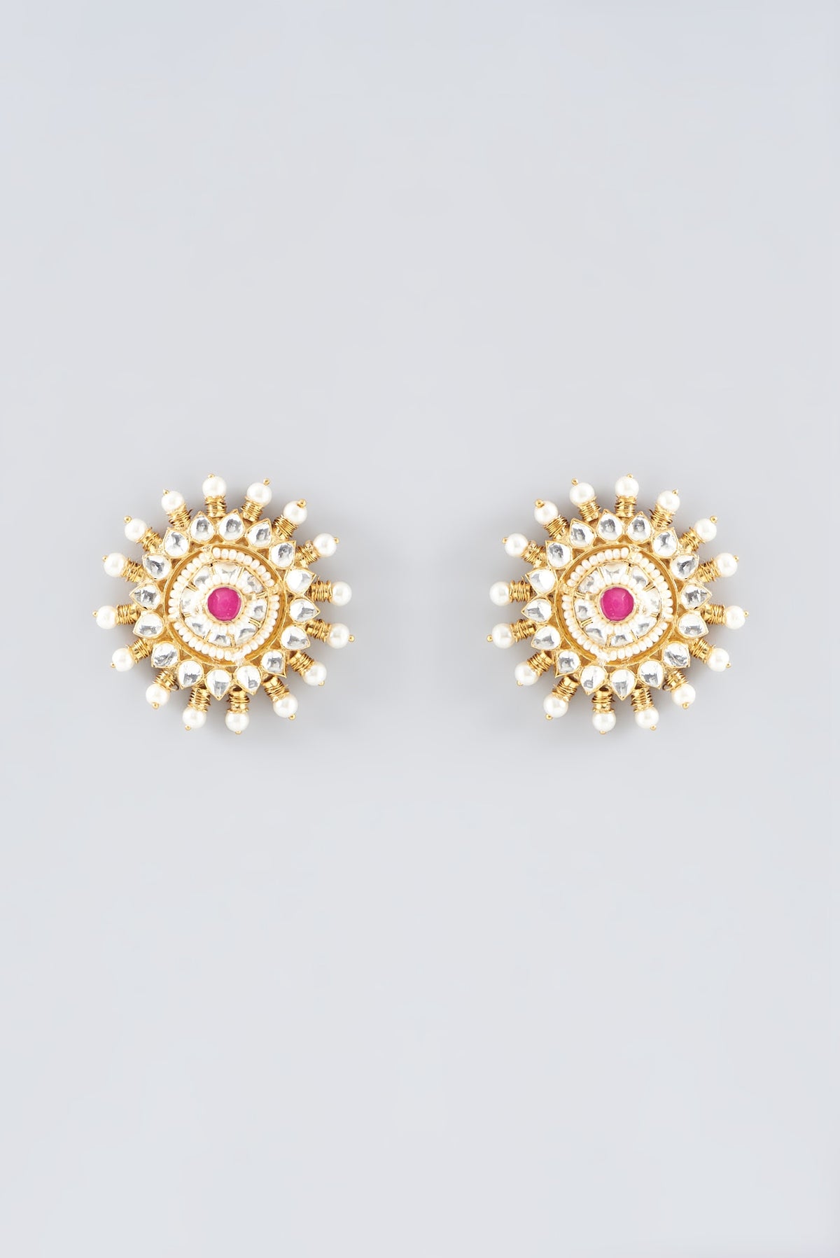 Gold Plated Kundan Polki & Semi-Precious Stone Stud Earrings